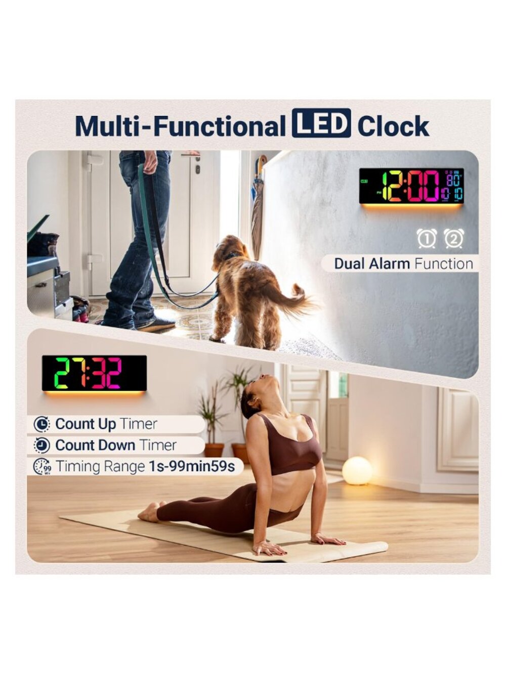 16.5" Large Digital Wall Clock RGB LED Display Remote Control Timer - Picture 3 of 8
